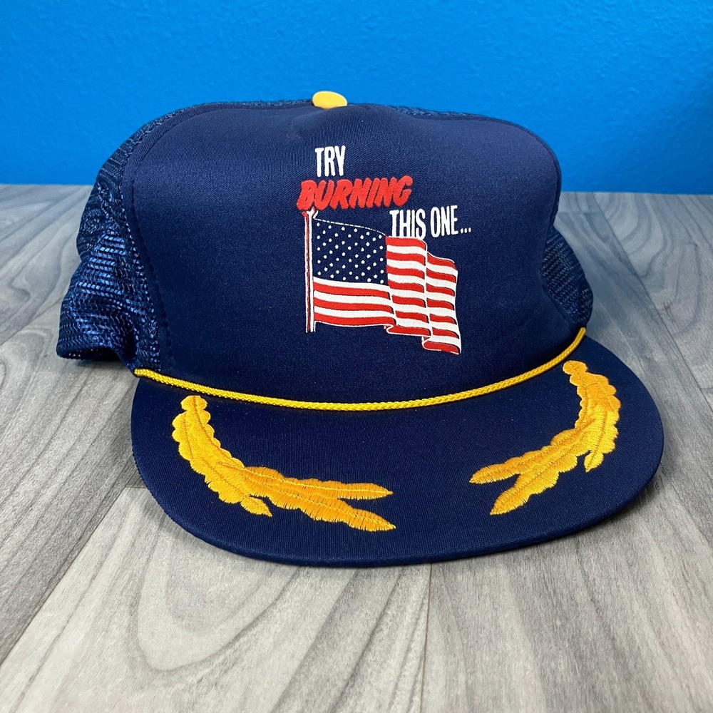 San Sun Try Burning‎ This One US Flag Trucker Hat Cap Mens Blue Comfort Snapback